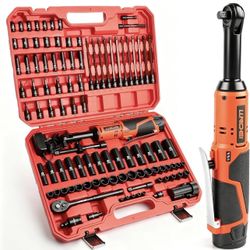 3/8" Extended Reach Cordless Ratchet Set 102Pcs 12V Long Neck Electric Ratchet Wrench, 50N.m Torque, Variable Speed, LED Light, for Auto Engine Bay & 