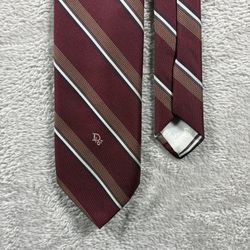 Vintage Christian Dior Men’s Red And Gray Stripe Tie Business Casual Preppy