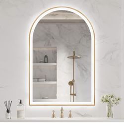 OUMUSU Arched LED Bathroom Mirror 20"x30", Brass Gold Bathroom Mirror with Lights-Anti-Fog, Dimmable-LED Mirror for Bathroom,3 Colors