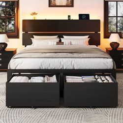 Full Size Led Bed Frame, 2 Storage Drawers, Charging Station, Black Heavy Duty Metal Slats Support, Platform Bed with Wooden Storage Headboard, No Box