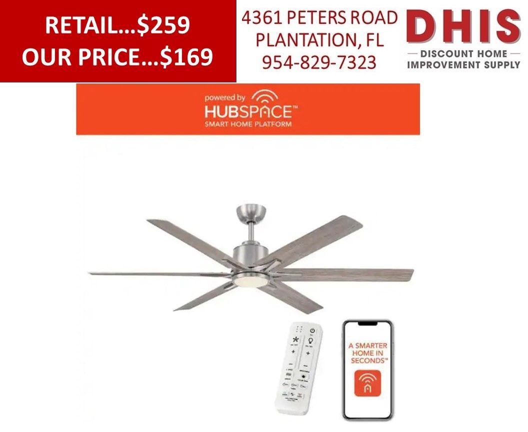 Kensgrove II 60" CCT LED Indoor/Outdoor Brushed Nickel Smart Ceiling Fan with Remote Powered by Hubspace