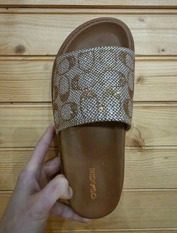 COACH Brynn Crystal Signature Jacquard Slide Sandals.