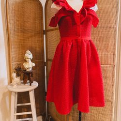 Maje Reglisse red textured ruffle cold-shoulder button-up A-line dress