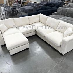 New! Plush Sectional Sofa And Ottoman, Corduroy Sectional, Sofa, Couch, Ivory Sectional, Beige Sofa, Grey Couch, Soft Plush Sectional, L-Shaped Couch 