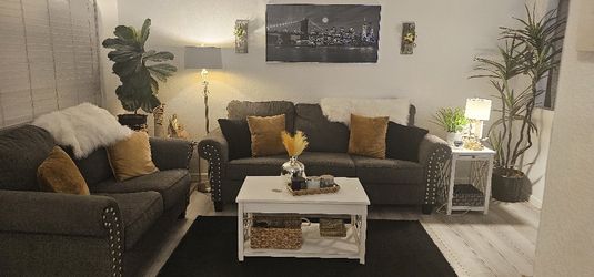 Couch and Loveseat With 2 White Tables