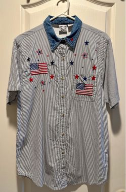 Vintage American Flag for July 4th. “Quizz Again” Embroidered, Patch-worked Denim Button down Cotton large Shirt