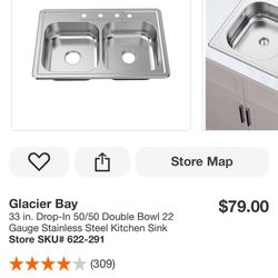 NEW Glacier Bay 33” Double Bowl Kitchen Sink 