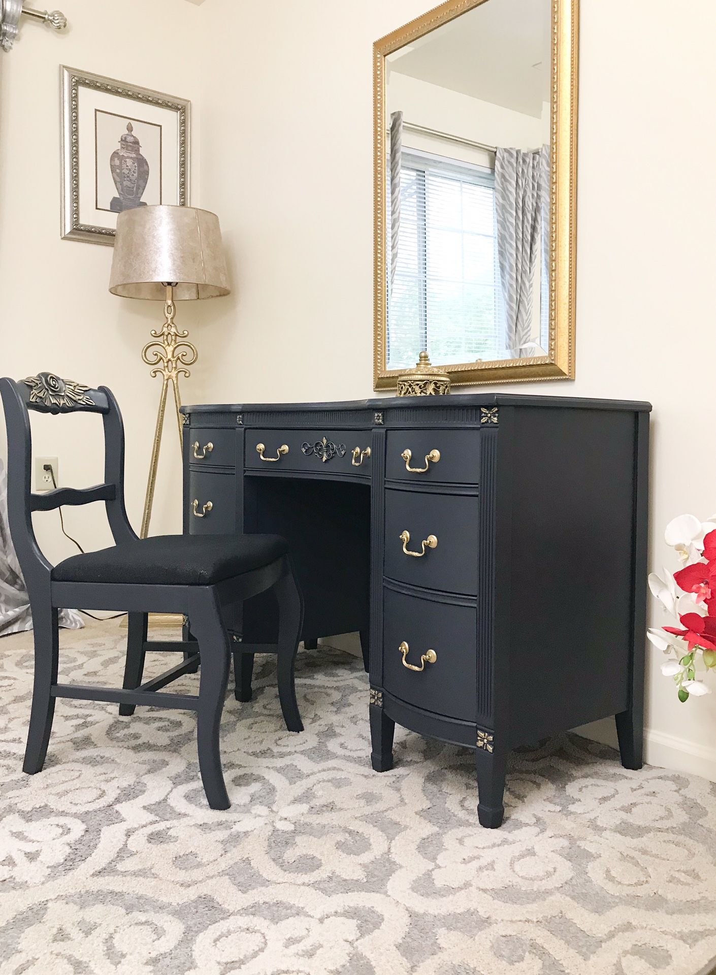 Navy Blue Vanity Makeup Desk with Mirror and Chair