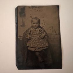 Late 19th Century Tintype Photo Of Toddler Girl In Cotton Dress Wool Stockings