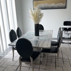 Marble Table And 6 Leather Chairs 