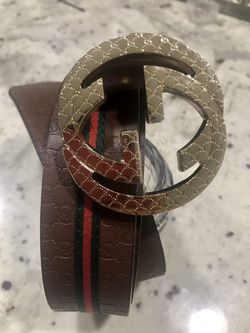 Bug gold buckle brown canvas Gucci belt size 38-46
