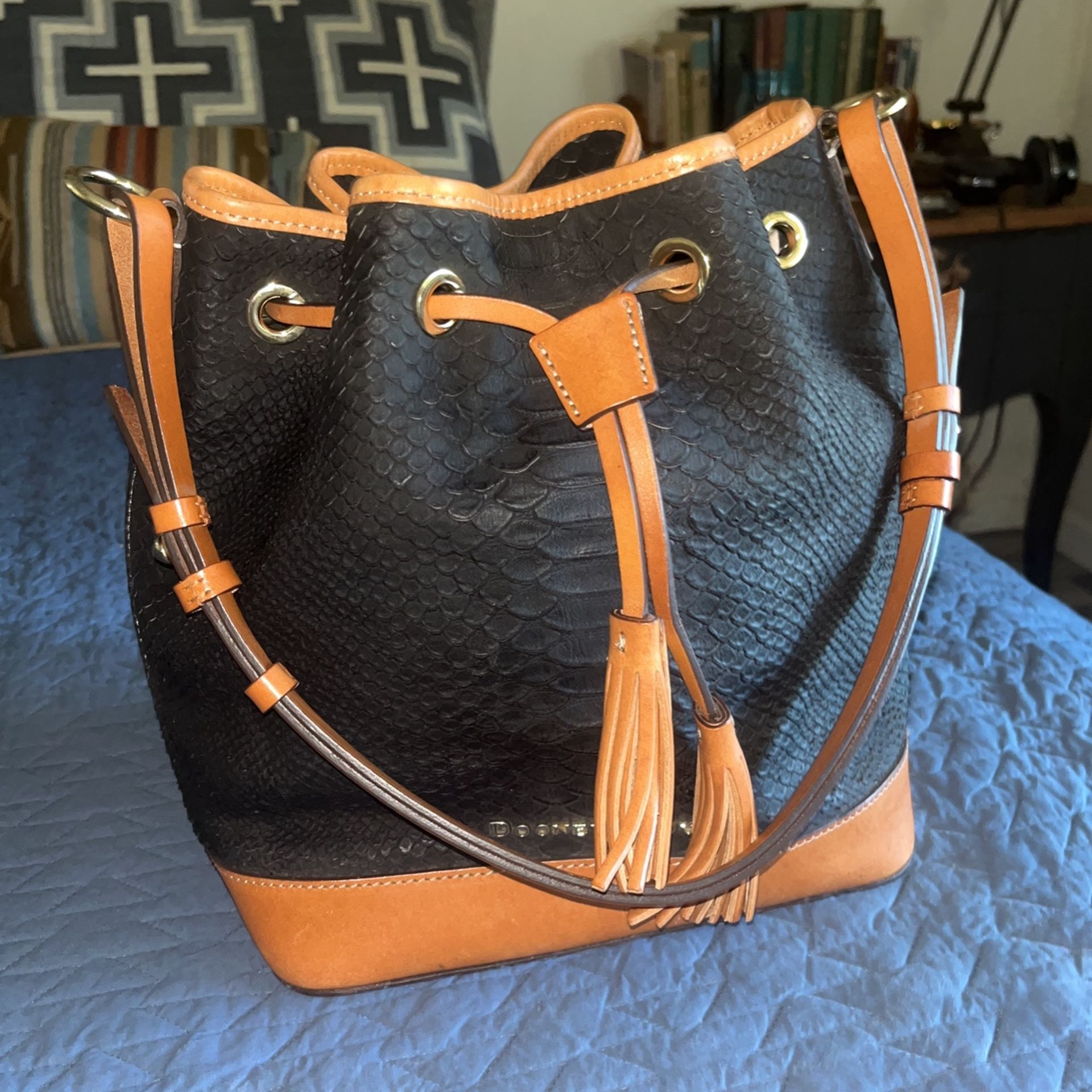 Dooney Bourke Drawstring Leather Tote Bag Python Purse $348