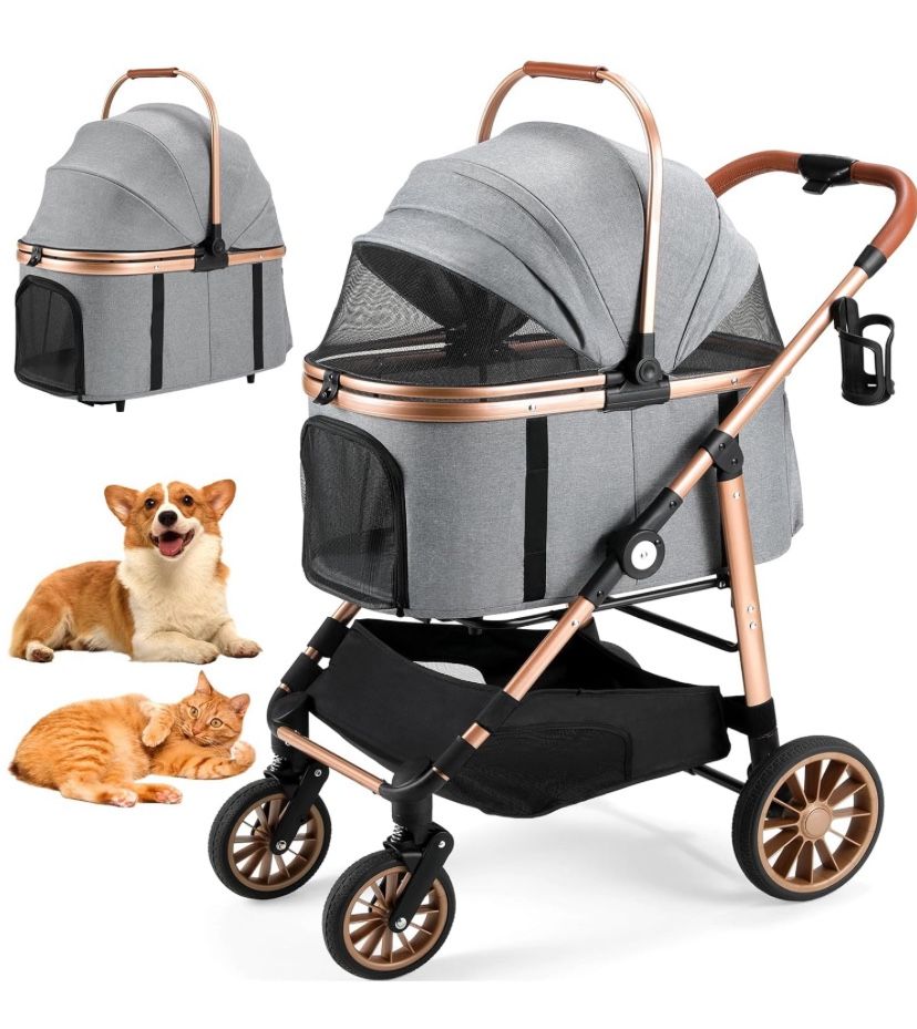 4-Wheel Foldable Dog Stroller for Small/Medium Dogs and Cats up to 55 lbs, 3-in-1 Dog Stroller, Detachable Carrier & One-Click Fold Design, Pet Stroll