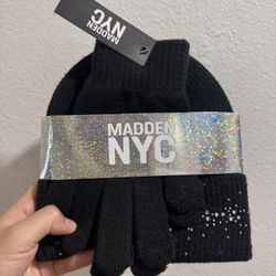 Rib Beanie & Magic Glove Set (Black) — Brand New