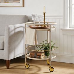 Round Bar Cart with Tempered Glass Shelves and Gold Accents