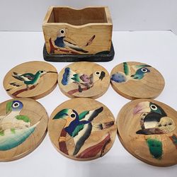 Vintage Hand-Painted Tropical Bird Wooden Coaster Set - 6 Piece with Holder