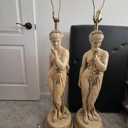 Pair of Greco Roman Muse Goddess Fountain Woman Chalkware Lamps