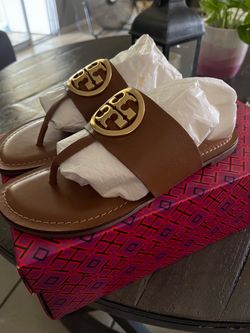 New Tory Burch Benton Band Calf Leather Flat Thong Sandals