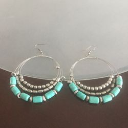 Silver Tone & Faux Turquoise Large Hoop Earrings 