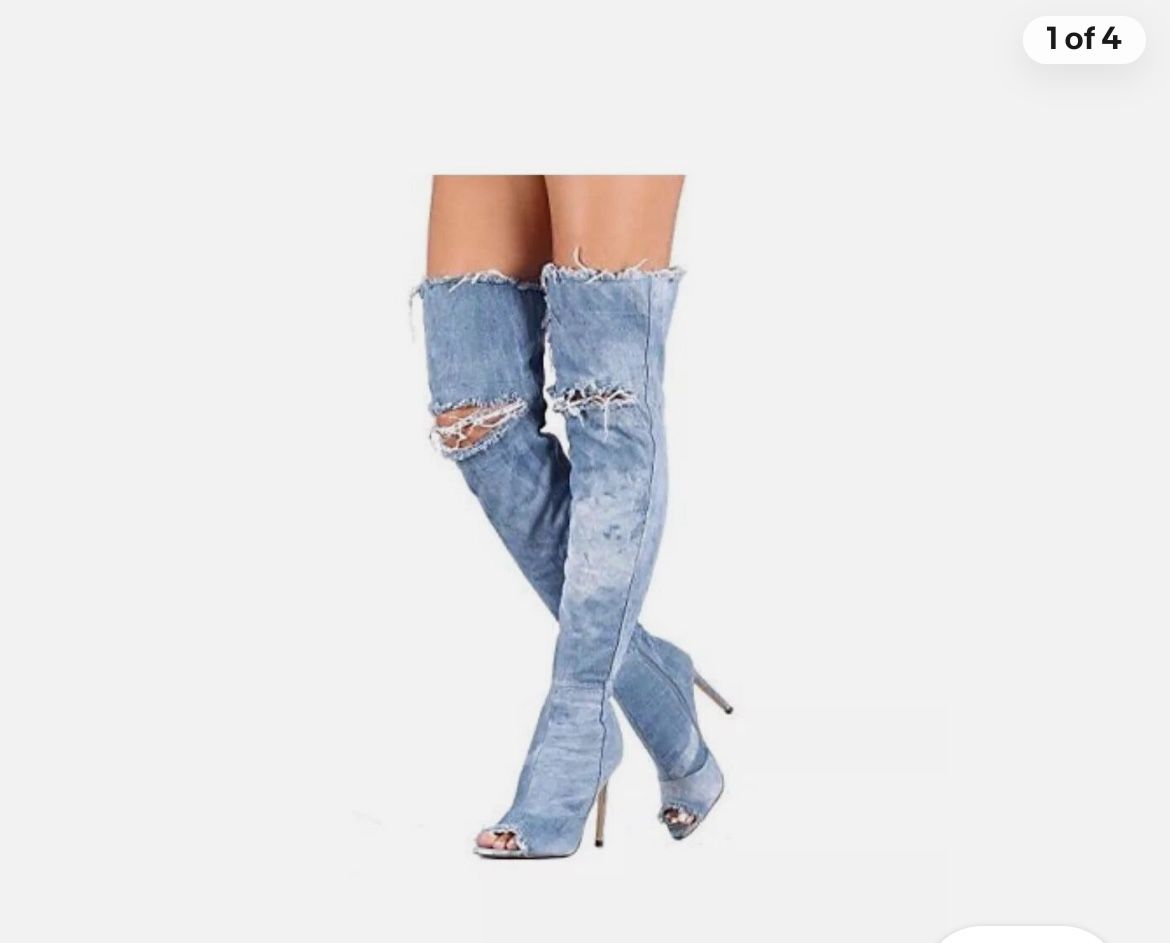 Liliana Barbara-13 Thigh High Over Knee Denim Open Toe Stiletto Heel Boot 6.5
