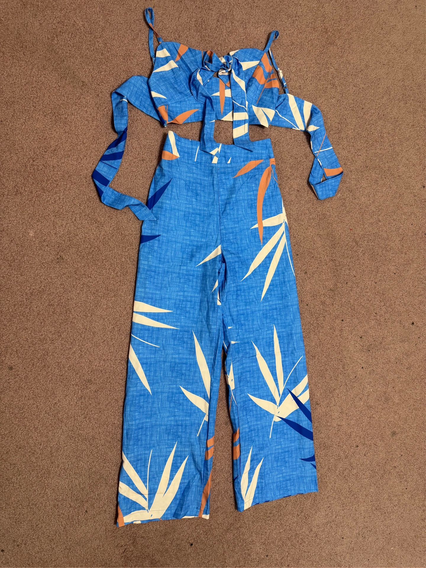 New Medium blue pants crop top 2 piece set floral tropical boho beach