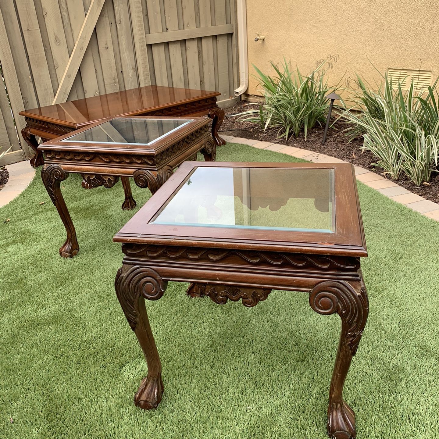 English Two Woods Chippendale Mahogany Carved Ball & Claw End Tables - A Pair