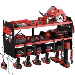 Power Tool Organizer Wall Mount w 6 Drill Holders, Heavy Duty Metal Black Red
