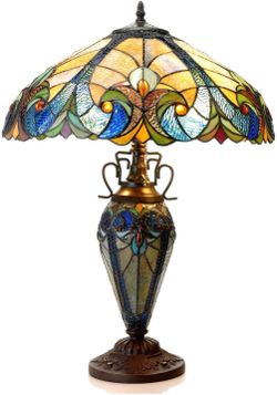 Chloe Lighting Tiffany-Style Victorian 3-Light Table Lamp, 18 Inch Stained Glass Shade