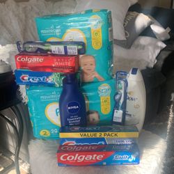 Pampers 2 3 Colgate 1 Crest 2 Toothbrush , Dove Body wash , Nivea Loción .