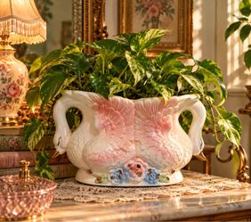 Vintage Double Swan Ceramic Planter • Pink Floral Bird Vase • Cottagecore Romantic Home Decor