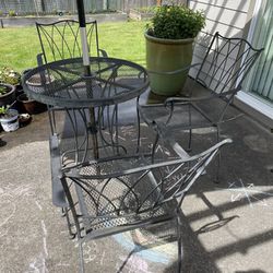 Patio Table, 3 Chairs And Umbrella 