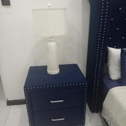 Velvet Blue Nightstand With Silver Accents 
