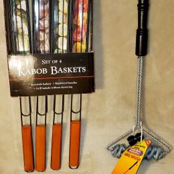 The Charcoal Companion Nonstick Kabob Grilling Baskets(4) & Double Helix Bristle Free BBQ Brush
