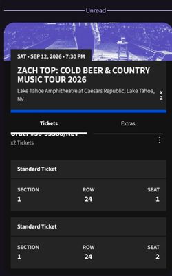 Zach Top Concert Tickets x2 – Lake Tahoe 2026