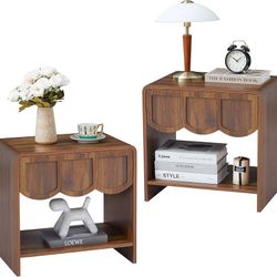 Night Stand Set of 2, Mid Century Modern Farmhouse Wood Nightstand with Wave Panel Drawer, Bed Side End Table for Small Space, Living Room - Walnut 