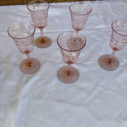 vintage pink cordial glasses, likely produced by the Tiffin Glass Company in the 1930s as part of their elegant depression glass line.  (5)