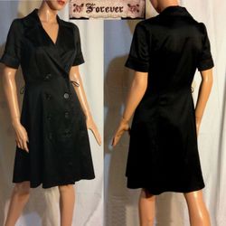 Y2K Black Stretch Satin Notched Lapel 8 Button Double Breasted Career Dress~6