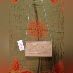 Elegant Tan and Gold Textured Clutch with Chain Strap