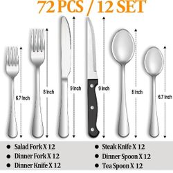 72 Pcs Silverware Set with Steak Knives Service for 12,Stainless Steel Flatware Set,Mirror Polished Cutlery Utensil Set,Home Kitchen Eating Tableware 