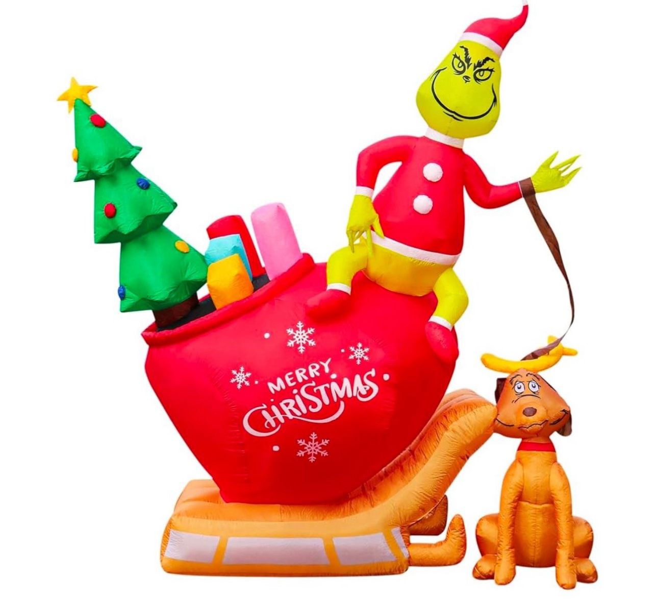 New 9 Foot Grinch And Dog With Sleigh Inflatable 