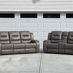 ⚪️Brand New Leather Reclining Sofa & Love Seat in Smoke Gray