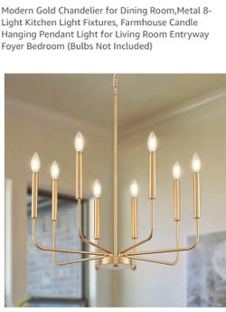 Modern Gold Chandelier for Dining Room,Metal 8-Light Kitchen Light Fixtures, Farmhouse Candle Hanging Pendant Light for Living Room Entryway Foyer Bed