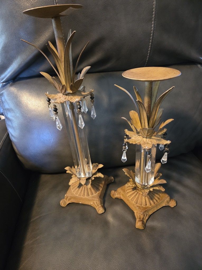 Vtg Pair Wrought Cast Iron Candle Holders Hollywood Regency Style With Lucite Center And Prisms.
