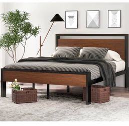 O269 $80 14 Inch Queen Size Metal Platform Bed Frame with Wooden Headboard and Footboard, Mattress Foundation, No Box Spring Needed, Large Under Bed S