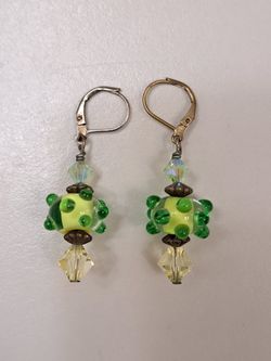 Lampwork Glass Beads w/ Swarovski Crystals Leverback Dangle Pierced Earrings