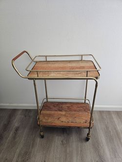 2-Tier Gold Rolling Bar Cart - Wood Shelves & Leather Accent