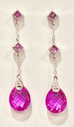 ✨Stunning Pink Sapphire Teardrop Dangle Drop Earrings White Gold Cushion Cut