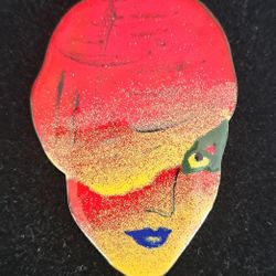 Vintage Enamel On Cooper Face Brooch, 2.5"