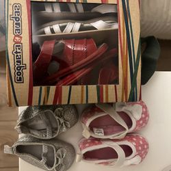 Baby Girl Leather Shoes (2 Pairs Red And White), Fabric Shoes (2 Pairs Pink And Silver)