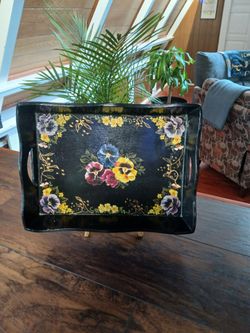 Decorative Black Wooden Tray with Floral Pansy Pattern (15" x 11")